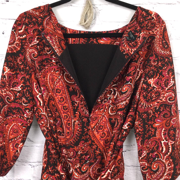 Talbots Petite Boat Neck Elbow Sleeve Burnt Orange Paisley Tie Midi Dress 12P - Picture 5 of 15
